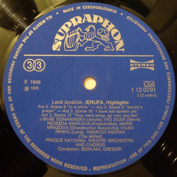 Leoš Janáček - Libuše Domanínská, Naděžda Kniplová, Vilém Přibyl, Ivo Žídek, Chorus* And Orchestra Of The Prague National Theatre*, Bohumil Gregor : Jenufa - Highlights (LP)
