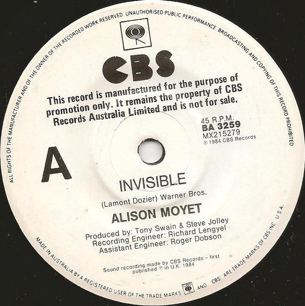 Alison Moyet : Invisible (7", Single, Promo)