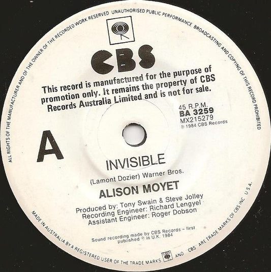 Alison Moyet : Invisible (7", Single, Promo)