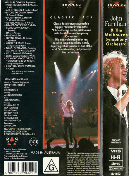 John Farnham & Melbourne Symphony Orchestra : Classic Jack Live! (VHS, PAL)