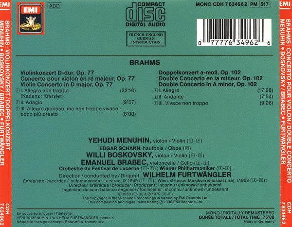 Johannes Brahms - Yehudi Menuhin • Willi Boskovsky • Emanuel Brabec, Lucerne Festival Orchestra, Wiener Philharmoniker, Wilhelm Furtwängler : Violinkonzert / Violin Concerto - Doppelkonzert / Double Concerto (CD, Comp, Mono, RE, RM)
