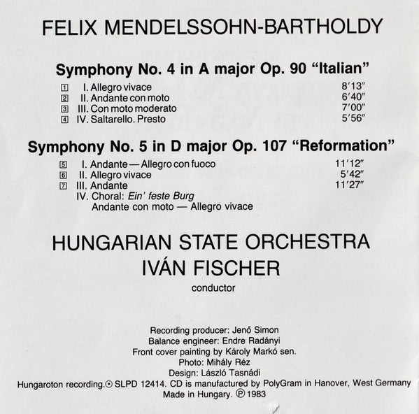Mendelssohn* - Hungarian State Orchestra, Iván Fischer* : Symphony No.4 «Italian» / Symphony No.5 «Reformation» (CD, Album)
