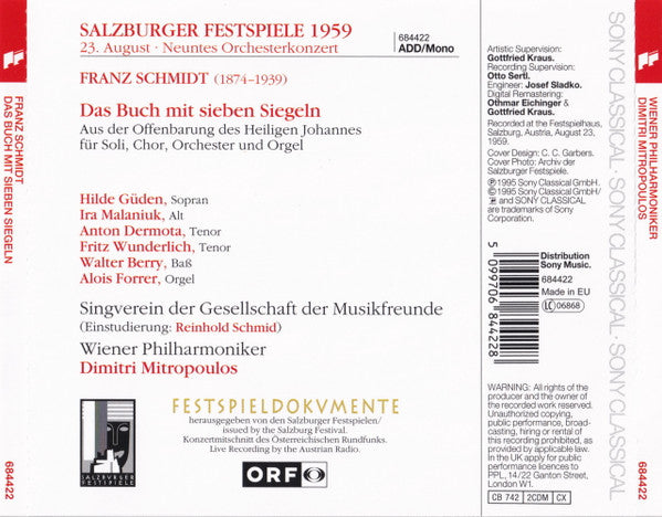Franz Schmidt - Güden*, Malaniuk*, Dermota*, Wunderlich*, Berry*, Wiener Philharmoniker, Dimitri Mitropoulos : Das Buch Mit Sieben Siegeln (2xCD, Album, RE, RM)
