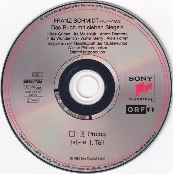 Franz Schmidt - Güden*, Malaniuk*, Dermota*, Wunderlich*, Berry*, Wiener Philharmoniker, Dimitri Mitropoulos : Das Buch Mit Sieben Siegeln (2xCD, Album, RE, RM)