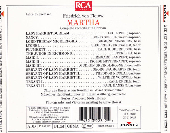 Friedrich von Flotow - Popp* · Jerusalem* · Soffel* · Nimsgern* · Ridderbusch* · Chor Des Bayerischen Rundfunks · Münchner Rundfunkorchester · Heinz Wallberg : Martha (2xCD, Album, RE, RM)