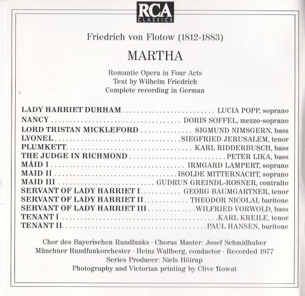 Friedrich von Flotow - Popp* · Jerusalem* · Soffel* · Nimsgern* · Ridderbusch* · Chor Des Bayerischen Rundfunks · Münchner Rundfunkorchester · Heinz Wallberg : Martha (2xCD, Album, RE, RM)