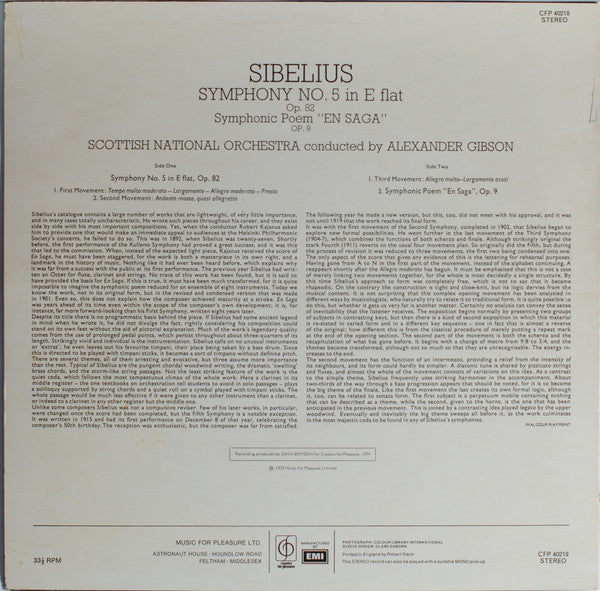 Jean Sibelius - Royal Scottish National Orchestra, Alexander Gibson : Symphony No. 5 In Eb - En Saga (LP)