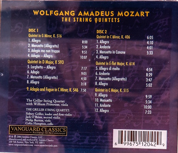 Wolfgang Amadeus Mozart, The Griller String Quartet, William Primrose : The String Quintets (2xCD, Comp, RE, RM)