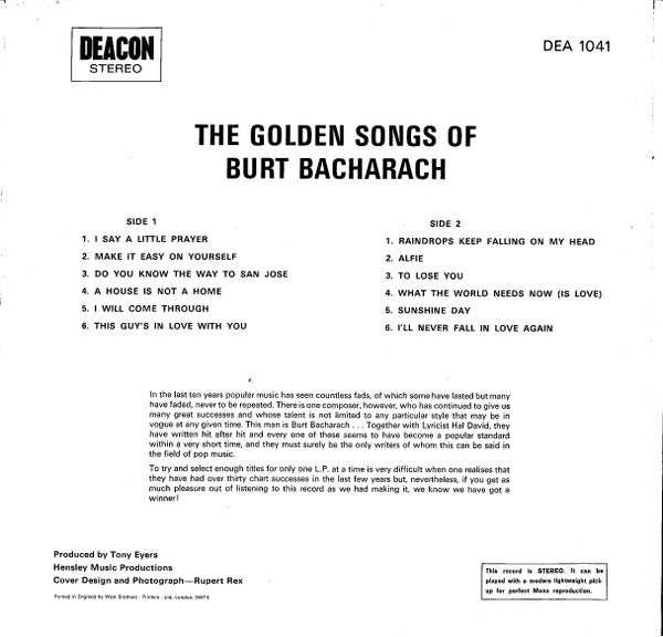 Unknown Artist : The Golden Songs Of Burt Bacharach (LP, Album, Bla)