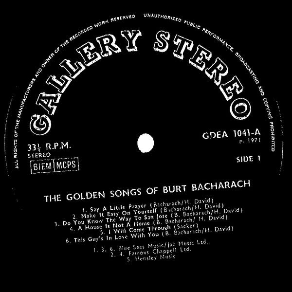Unknown Artist : The Golden Songs Of Burt Bacharach (LP, Album, Bla)