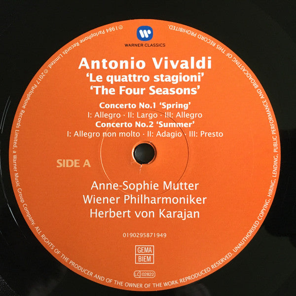 Vivaldi* - Anne-Sophie Mutter, Wiener Philharmoniker, Herbert Von Karajan : The Four Seasons / Le Quattro Stagioni / Die Vier Jahreszeiten / Les Quatre Saisons (LP, Album, RE, RM)
