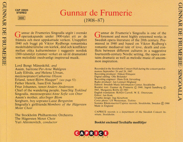 Gunnar De Frumerie : Singoalla: Opera I Fyra Akter Efter Viktor Rydbergs Berättelse (2xCD, Album)