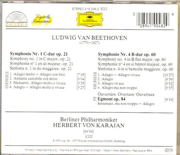 Ludwig van Beethoven - Herbert von Karajan, Berliner Philharmoniker : Symphonien Nr. 1 & 4 / Ouvertüre "Egmont" (CD, Comp, RM, Pol)