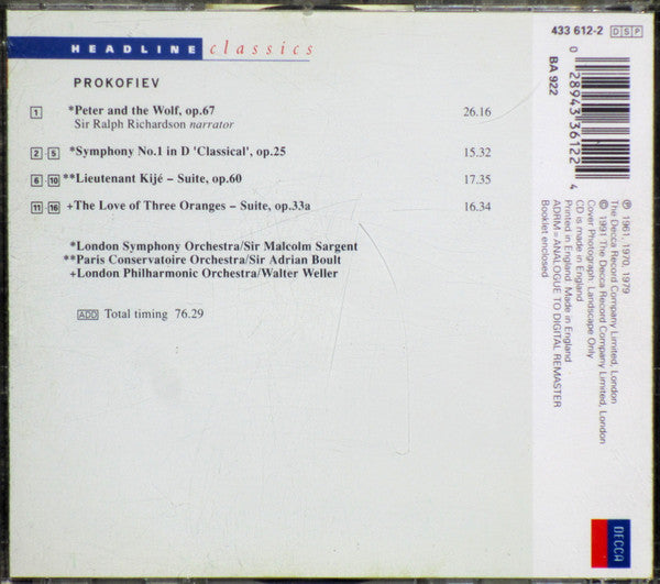 Sergei Prokofiev : Peter And The Wolf / 'Classical' Symphony / Lieutenant Kijé - Suite / The Love Of Three Oranges - Suite  (CD, Comp, RM)
