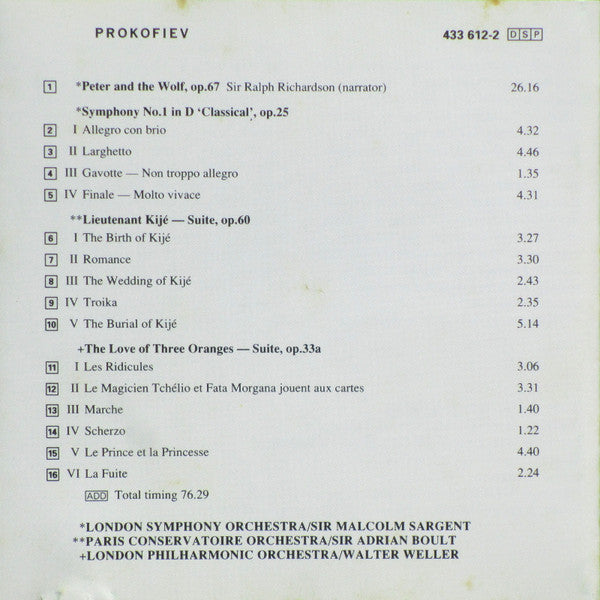 Sergei Prokofiev : Peter And The Wolf / 'Classical' Symphony / Lieutenant Kijé - Suite / The Love Of Three Oranges - Suite  (CD, Comp, RM)