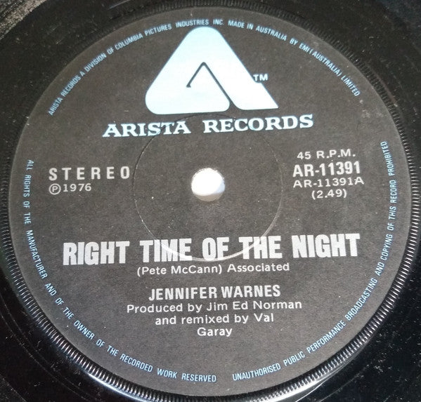 Jennifer Warnes : Right Time Of The Night / Daddy Don't Go (7", Single)