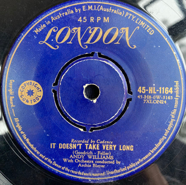 Andy Williams : Butterfly / It Doesn't Take Very Long (7", Single)