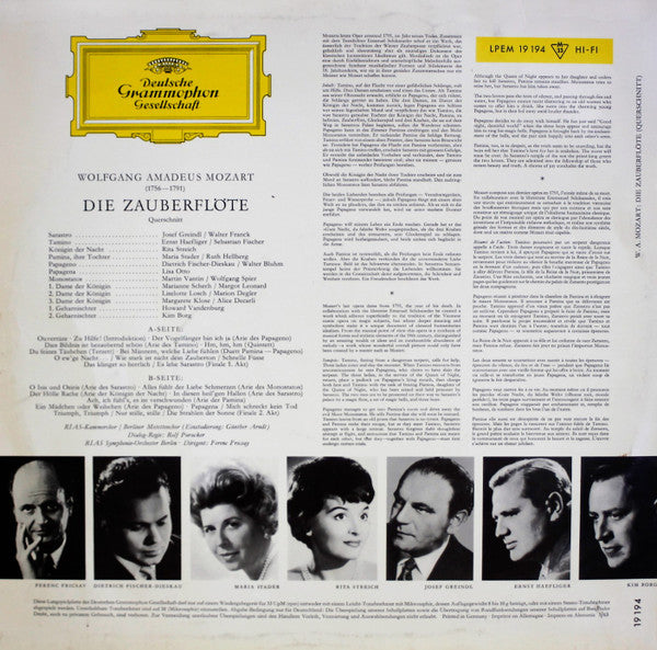 Wolfgang Amadeus Mozart - Maria Stader ∙ Rita Streich ∙ Lisa Otto ∙ Dietrich Fischer-Dieskau ∙ Ernst Haefliger ∙ Josef Greindl ∙ Kim Borg ∙ Ferenc Fricsay : Die Zauberflöte (LP, Mono, RP)