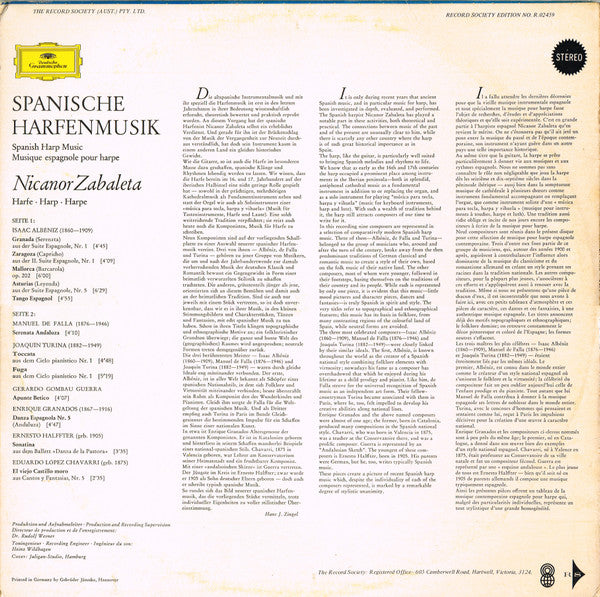 Nicanor Zabaleta, Albéniz*, De Falla*, Granados*, Turina* : Harfe • Harp • Harpe (LP, Album, Club)