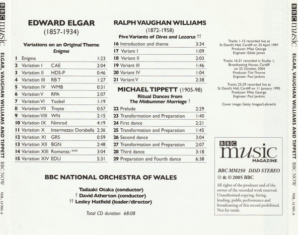 Elgar*, Vaughan Williams*, Michael Tippett*, Tadaaki Otaka, David Atherton (2), BBC National Orchestra Of Wales : Elgar Enigma Variations  (CD)