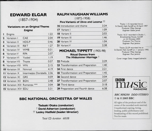 Elgar*, Vaughan Williams*, Michael Tippett*, Tadaaki Otaka, David Atherton (2), BBC National Orchestra Of Wales : Elgar Enigma Variations  (CD)