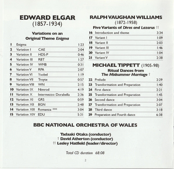 Elgar*, Vaughan Williams*, Michael Tippett*, Tadaaki Otaka, David Atherton (2), BBC National Orchestra Of Wales : Elgar Enigma Variations  (CD)