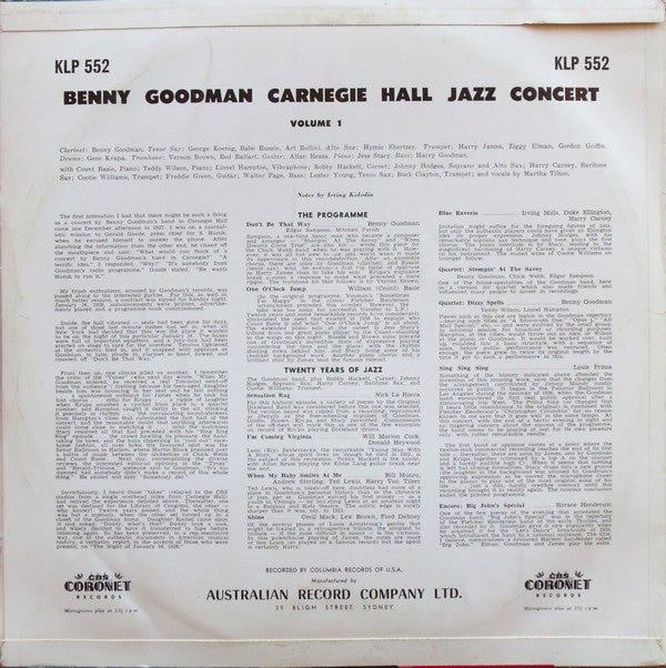 Benny Goodman : The Famous 1938 Carnegie Hall Jazz Concert Vol. 1 (LP, Album, RE)