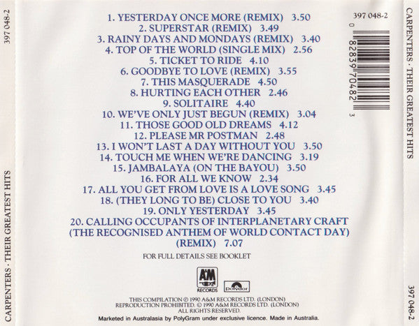 Carpenters : Their Greatest Hits (CD, Comp, RP)