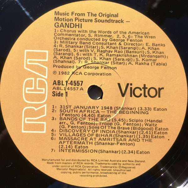 Ravi Shankar, George Fenton : Gandhi - Music From The Original Motion Picture Soundtrack (LP, Album, Gat)