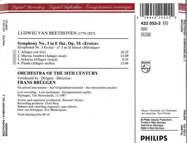Beethoven*, Orchestra Of The 18th Century, Frans Brüggen : Symphony No. 3 "Eroica" (CD)