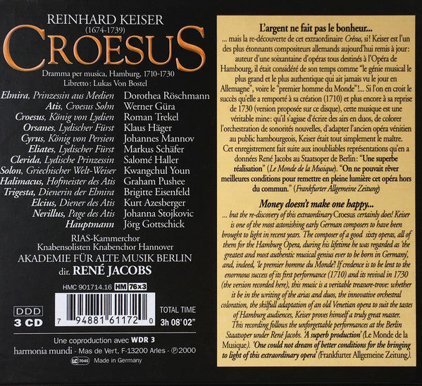 Reinhard Keiser - Dorothea Röschmann, Roman Trekel, Werner Güra, Klaus Häger, Akademie Für Alte Musik Berlin, René Jacobs : Croesus (3xCD, Album + Box)