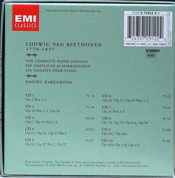 Beethoven* - Daniel Barenboim : The Complete Piano Sonatas = Die Sämtliche Klaviersonaten = Les Sonates Pour Piano (10xCD, Comp, RM + Box)