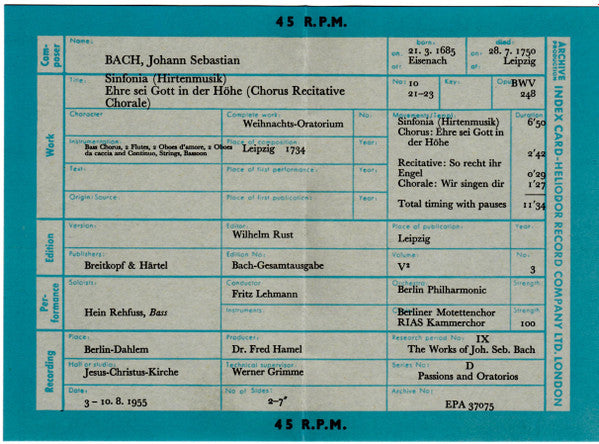 Johann Sebastian Bach : Sinfonia (Shepherds' Music) / Ehre Sei Gott In Der Höhe (Chorus, Recitative And Chorale) (7", EP, Mono)