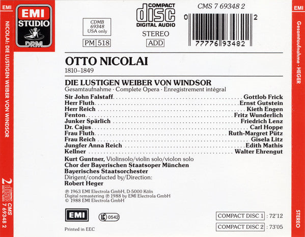 Otto Nicolai - Gottlob Frick · Ernst Gutstein · Kieth Engen · Fritz Wunderlich · Ruth-Margret Pütz · Gisela Litz · Edith Mathis · Chor Der Bayerischen Staatsoper · Bayerisches Staatsorchester, Robert Heger : Die Lustigen Weiber Von Windsor (2xCD, Album, RE, RM)