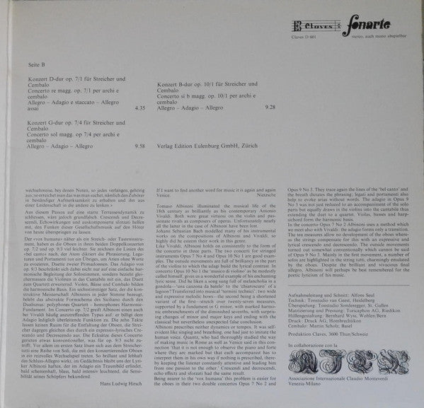 Tomaso Albinoni : Musiche Veneziane / Concerti (LP)