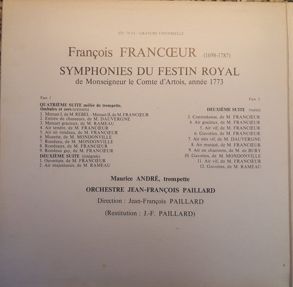 François Francœur : Symphonies Du Festin Royal (LP, RE)