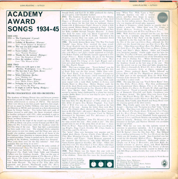 Frank Chacksfield And His Orchestra* : Academy Award Songs 1934 To 1945 (LP, Album, Club)