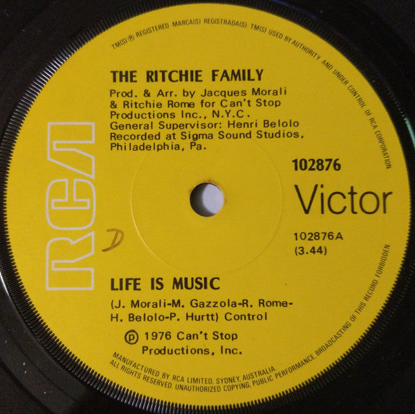 Ritchie Family* : Life Is Music (7", Single)
