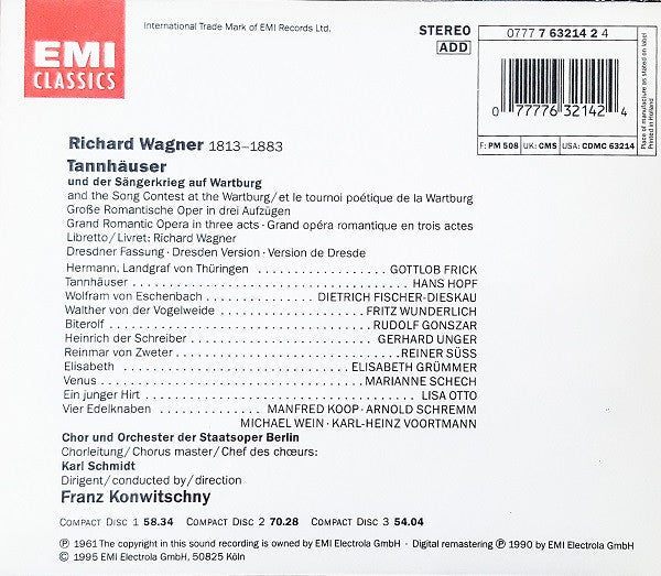 Richard Wagner, Hans Hopf · Elisabeth Grümmer · Dietrich Fischer-Dieskau · Marianne Schech · Gottlob Frick · Fritz Wunderlich · Chor Der Staatsoper Berlin  Und Das Orchester Der Staatsoper Berlin · Franz Konwitschny : Tannhäuser (3xCD, Album, RE, RM + Box, Sli)