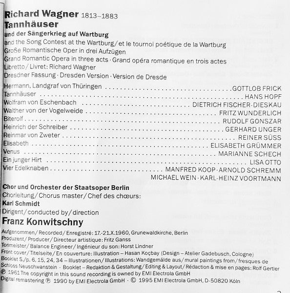 Richard Wagner, Hans Hopf · Elisabeth Grümmer · Dietrich Fischer-Dieskau · Marianne Schech · Gottlob Frick · Fritz Wunderlich · Chor Der Staatsoper Berlin  Und Das Orchester Der Staatsoper Berlin · Franz Konwitschny : Tannhäuser (3xCD, Album, RE, RM + Box, Sli)