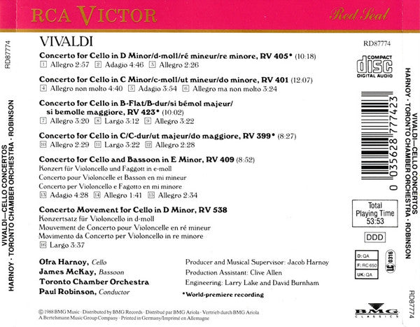 Ofra Harnoy, Antonio Vivaldi, Toronto Chamber Orchestra, Paul Evans Robinson : Cello Concertos (CD, Album)
