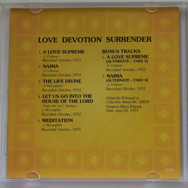 Carlos Santana & Mahavishnu John McLaughlin* : Love Devotion Surrender (CD, Album, RM)
