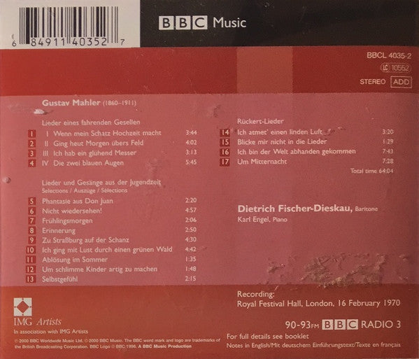 Dietrich Fischer-Dieskau, Gustav Mahler - Karl Engel : Lieder Eines Fahrenden Gesellen / Lieder Und Gesange Aus Der Jugendzeit / Rückert-Lieder (CD, RM)