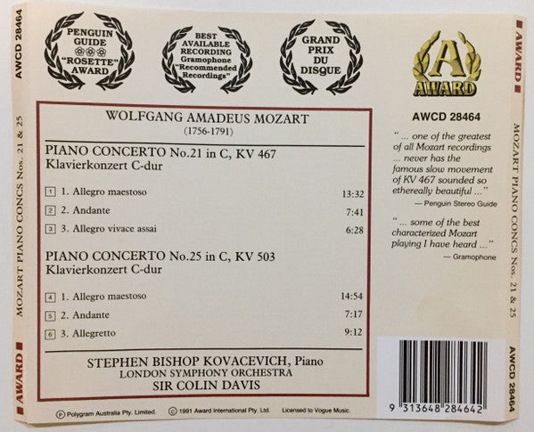 Wolfgang Amadeus Mozart Mozart Colin Davis*, Stephen Bishop-Kovacevich : Piano Concertos Nos. 21 & 25 (CD, RE)