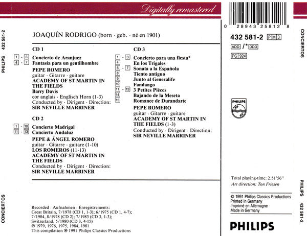 Pepe Romero, Joaquín Rodrigo, Sir Neville Marriner, The Academy Of St. Martin-in-the-Fields : Conciertos/Works For Guitar Solo (3xCD, Comp, RE)