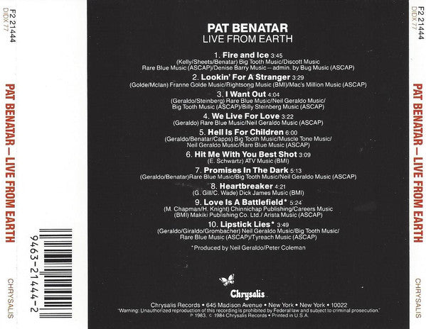 Benatar* : Live From Earth (CD, Album)