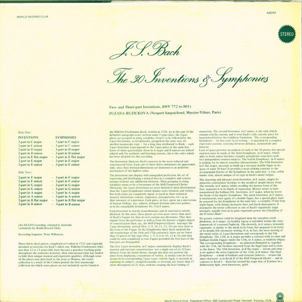 Johann Sebastian Bach, Zuzana Růžičková : J.S. Bach The 30 Inventions & Symphonies (LP, Album, Club)