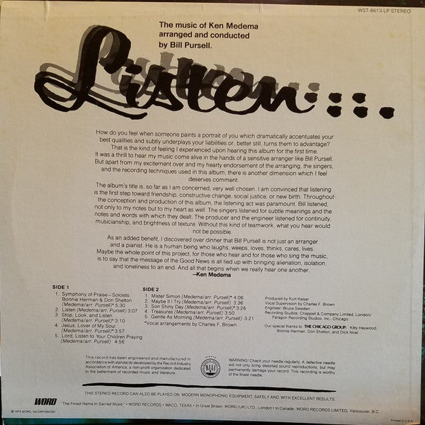 Ken Medema, Bill Pursell, The Chicago Group : Listen...The Music Of Ken Medema (LP, Album)