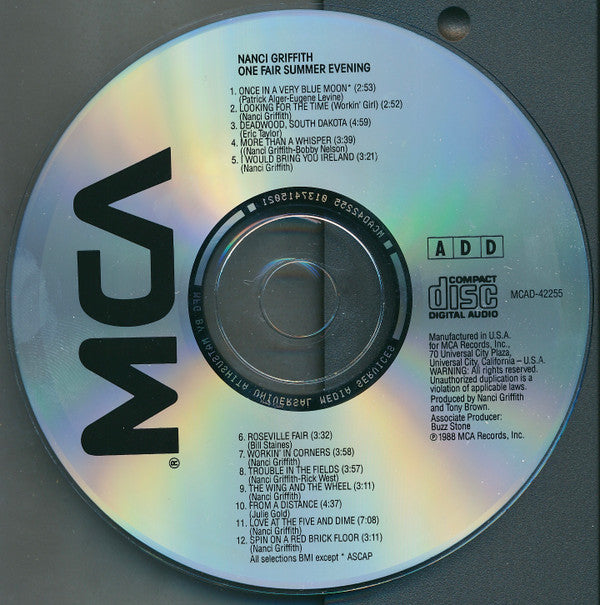 Nanci Griffith : One Fair Summer Evening (CD, Album, RE)