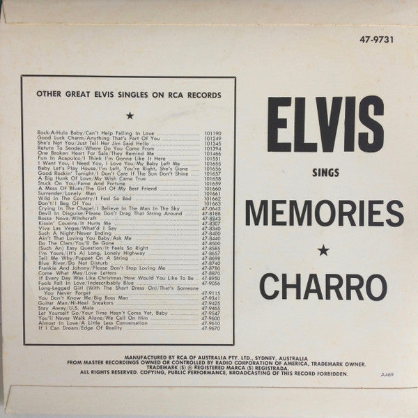 Elvis* : Charro / Memories  (7", Single)